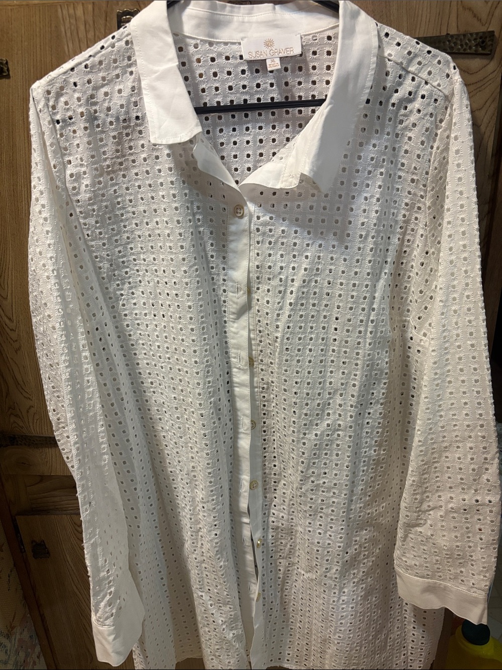 Susan Graver white eyelet button-down shirt size XL